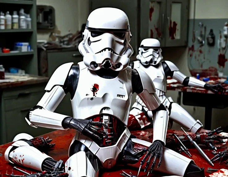 (star wars) A nurse droid (vaguely female, very human face, lots of spindly metal tool arms) is at a medical table stitching pieces of storm troopers together to make new stormtroopers. Heaps of storm trooper pieces lay in bloody piles near the table. Horr...