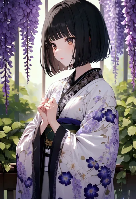 Wearing a floral kimono１６A girl about the age　Her hair is black and bob-cut.　Wisteria flowers in the background　gorgeous