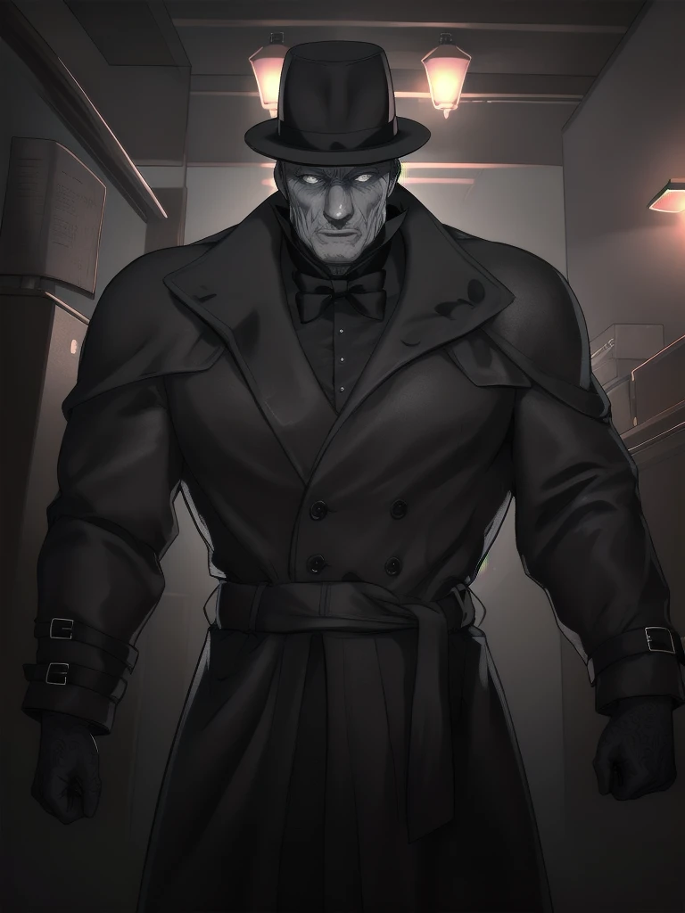 better_Post quality, raw photo, intricate details, Best Quality, 8k hd, Soft lighting, 1 chico, Alone, calvo, old man,  black coat, black top hat, grey eyes  