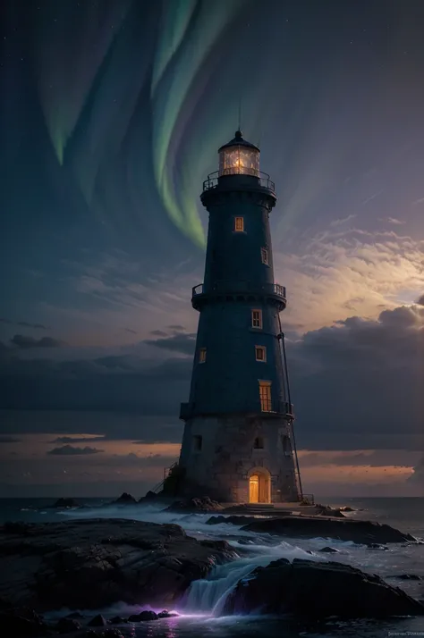 A lighthouse with a bright blue and purple aurora light above it on a cliff, Max Rive, fantasy art by Jessica Rossier, Marc Adamus, Lt. Alexander Kucharsky, beautiful digital artwork, magical colors and atmosphere, amazing wallpaper, beautiful wallpaper, m...