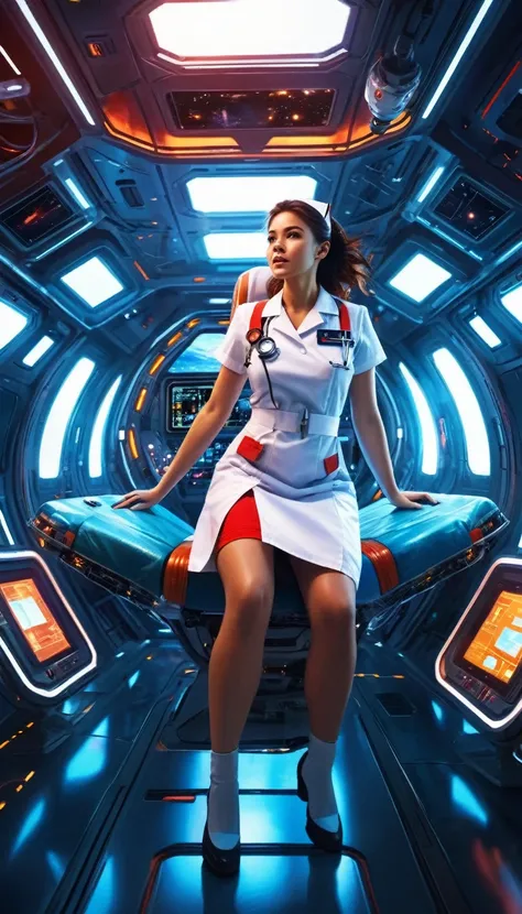 a young woman nurse on a hi-tech space ship, accident on the space ship, wounded people, helping them, digital painting, sci-fi, cinematic lighting, vibrant colors, intricate details, dynamic composition, dramatic atmosphere, photorealistic, 8k, best quali...