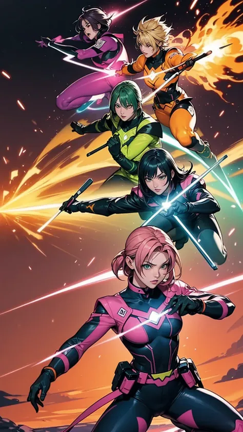 a brave and daring image of the six-man ranger team, each is decorated with the following vibrant colors:: neon pink, sunset ora...