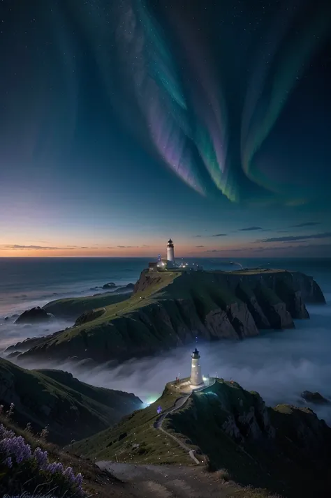 A lighthouse with a bright blue and purple aurora light above it on a cliff, Max Rive, fantasy art by Jessica Rossier, Marc Adamus, Lt. Alexander Kucharsky, beautiful digital artwork, magical colors and atmosphere, amazing wallpaper, beautiful wallpaper, m...