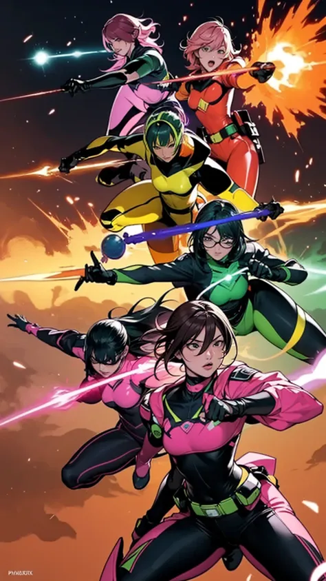 a brave and daring image of the six-man ranger team, each is decorated with the following vibrant colors:: neon pink, sunset ora...