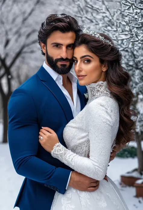 (fullbody photo:2.0) of two spouses: (a 25-year-old iranian woman, brown skin, triangular shaped face, brown eyes, long wavy hair, dark brown hair, busty, wearing a white winter wedding dress), embracing (a 28-year-old iranian man, brown skin, jawline, squ...