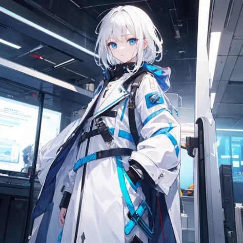 （masterpiece,Highest quality,Anime Style，Ray Tracing，CG rendering)，White Hair，長いWhite Hair，Hair Straightening，Blue Eyes，blue and white trench coat，Futuristic design，Clothing of the future，Solo，Cowboy Shot