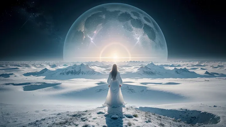 a woman in the distance in an immense landscape after death, in a vast white landscape of another dimension, another dimension, peace and tranquility, liberation, harmony, other-dimensional space, ultra-realistic, highly detailed, luminosity, intricate, fa...