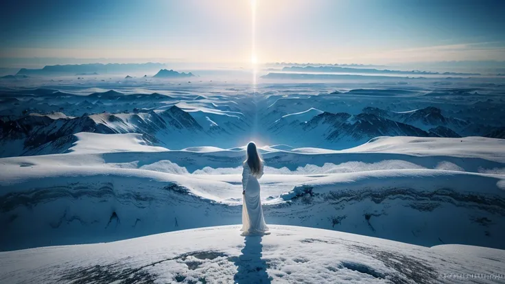 a woman in the distance in an immense landscape after death, in a vast white landscape of another dimension, another dimension, peace and tranquility, liberation, harmony, other-dimensional space, ultra-realistic, highly detailed, luminosity, intricate, fa...