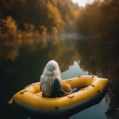 Fog, yellow skin girl, white hair ,floating on the river, on an inflatable boat, view from above