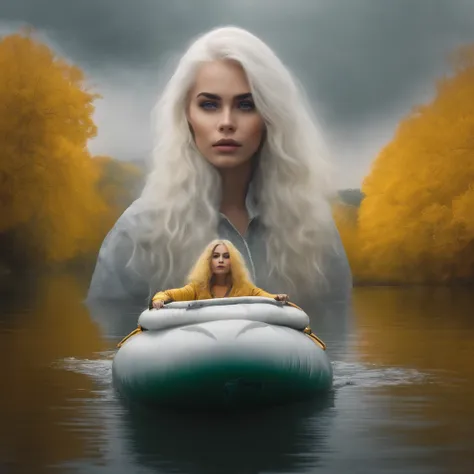 Fog, yellow skin girl, white hair ,floating on the river, on an inflatable boat, view from above