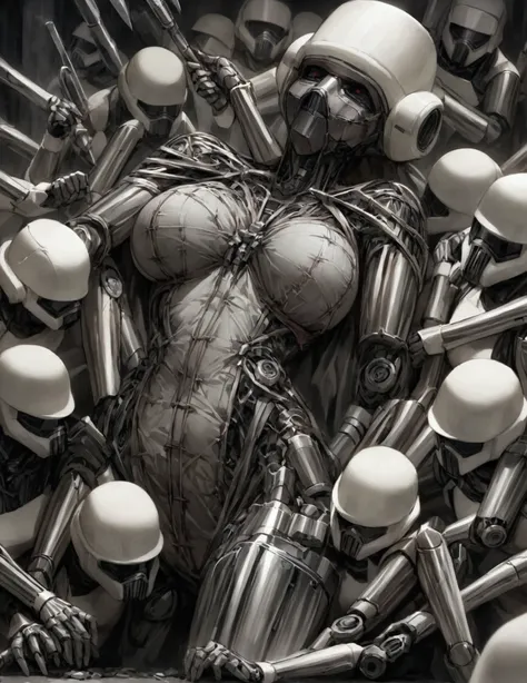 (star wars) A nurse droid (vaguely female, very human face, lots of spindly metal tool arms) is at a medical table stitching pieces of storm troopers together to make new stormtroopers. Heaps of storm trooper pieces lay in bloody piles near the table. Horr...