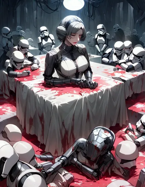 (star wars) A nurse droid (vaguely female, very human face, lots of spindly metal tool arms) is at a medical table stitching pieces of storm troopers together to make new stormtroopers. Heaps of storm trooper pieces lay in bloody piles near the table. Horr...