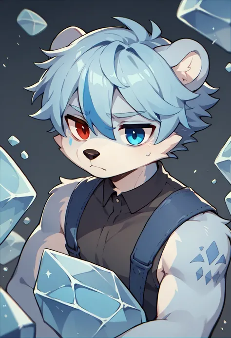  1Male, furry,bear Silver fur, blue hair that fades to an icy blue (shoulder length), heterochromia (Blue, Ice blue) and a tired yet warm look.