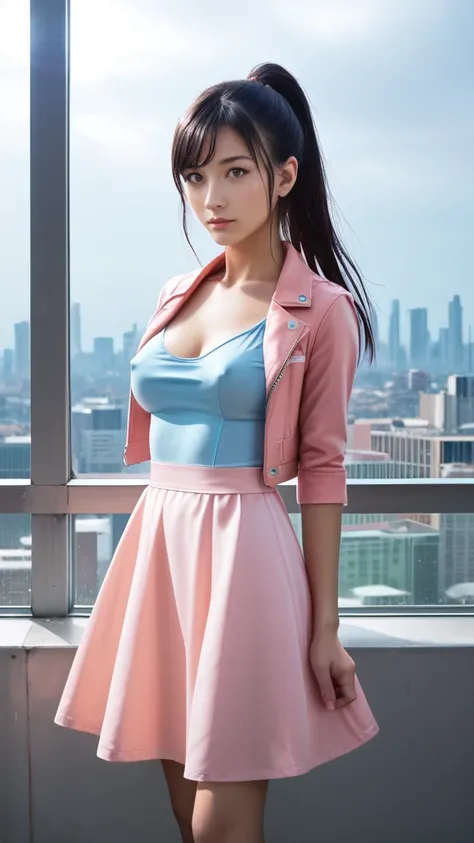 score_9, score_8_up, score_7_up, score_6_up, Photorealistic, real photo, god rays, wind, rain, 1girl, black hair, long straight hair, ponytail, hazel eyes, large breasts, mini sundress, covered nipples, cropped jacket, science fiction, rooftop, city skylin...