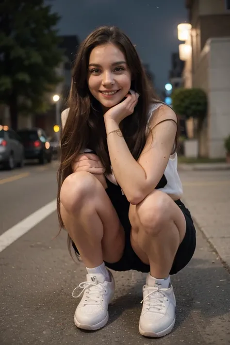 beautiful woman, long hair, smiling at the camera, wearing sneakers, very good picture, very detailed picture, detailed, night
