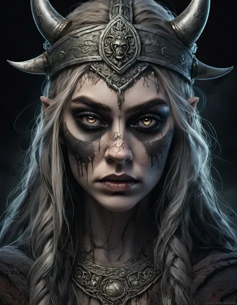 a viking goddess hel,half undead zombie face,split down middle of face,half living half dead zombie,detailed portrait,hyperrealistic,highly detailed facial features,intricate details,realistic skin texture,dramatic lighting,moody atmosphere,dark fantasy,ci...