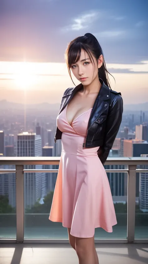 score_9, score_8_up, score_7_up, score_6_up, Photorealistic, real photo, god rays, wind, rain, 1girl, black hair, long straight hair, ponytail, hazel eyes, large breasts, mini sundress, covered nipples, cropped jacket, science fiction, rooftop, city skylin...