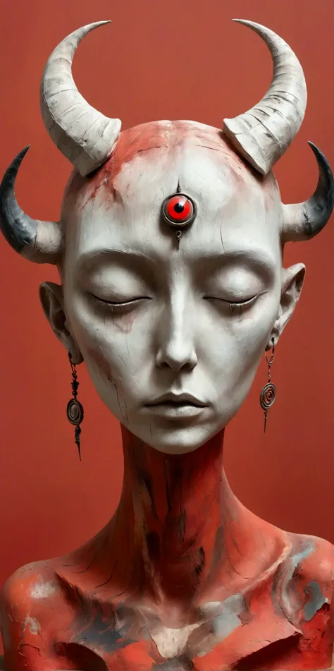 Abstract Sculpture，weird,Horns on the head，The third eye on the forehead，Abstract Art,Surrealism，Red background