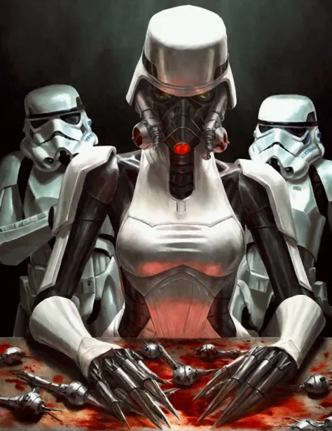 (star wars) A nurse droid (vaguely female, very human face, lots of spindly metal tool arms) is at a medical table stitching pieces of storm troopers together to make new stormtroopers. Heaps of storm trooper pieces lay in bloody piles near the table. Horr...