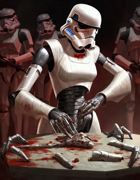 (star wars) A nurse droid (vaguely female, very human face, lots of spindly metal tool arms) is at a medical table stitching pieces of storm troopers together to make new stormtroopers. Heaps of storm trooper pieces lay in bloody piles near the table. Horr...