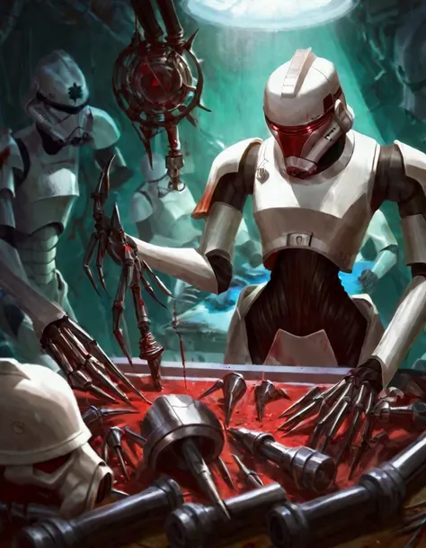 (star wars) A nurse droid (vaguely female, very human face, lots of spindly metal tool arms) is at a medical table stitching pieces of storm troopers together to make new stormtroopers. Heaps of storm trooper pieces lay in bloody piles near the table. Horr...