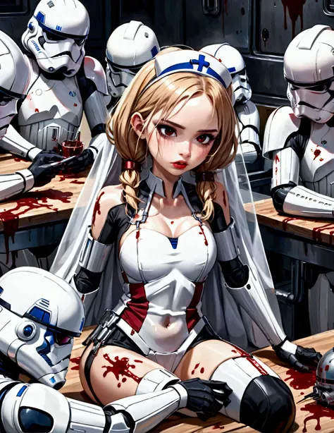 (star wars) A nurse droid (vaguely female, very human face, lots of spindly metal tool arms) is at a medical table stitching pieces of storm troopers together to make new stormtroopers. Heaps of storm trooper pieces lay in bloody piles near the table. Horr...