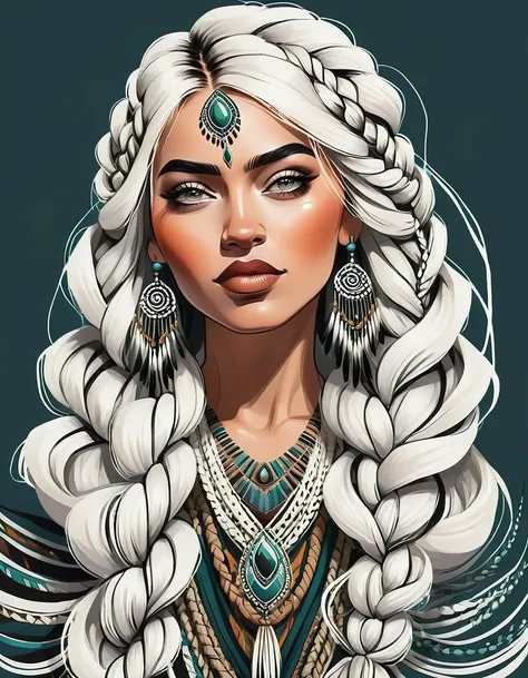 beautiful busty long white braided hair tribal woman portrait illustration