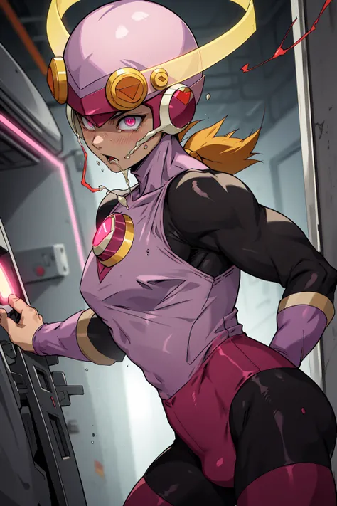 anime style,Tabletop,Highest quality,One Girl,rolls_..Exe_megamanbn,(Helmet),femboi,Blonde,Long Hair,leotard,Pink Eyes,紫のBodysuits,Bodysuits,Groin bulge,Lightless Eyes,Changed the main color of the costume from pink to purple,Tied to a machine,Glowing circ...