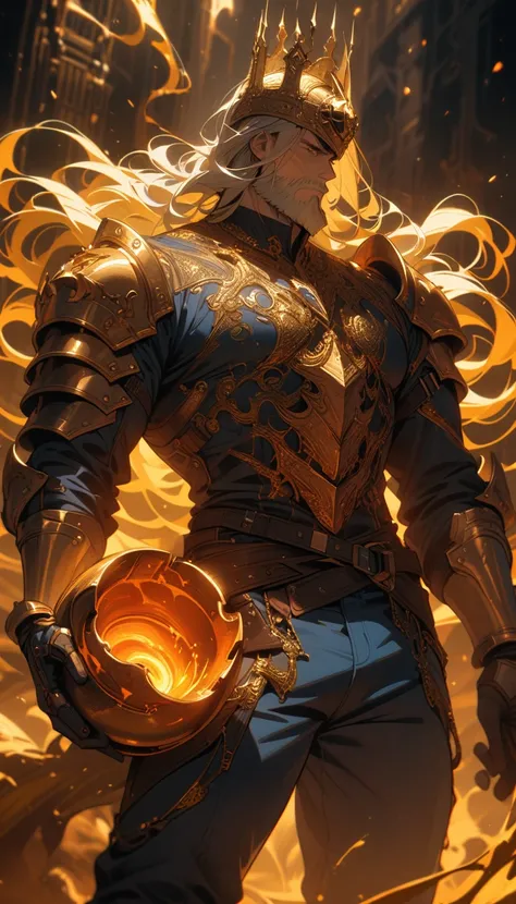 ((best quality)) , ((masterpiece)) , (detailed)，1boy, male focus, solo, shirt, helmet, pants, denim, armor, facial hair, blue pants, gloves, beard, jeans, holding,Extremely gorgeous metal style, Metal crown with ornate stripes, Various metals background, S...