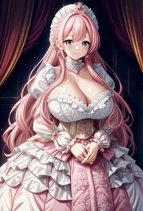 An incredibly beautiful princess with long, wavy, pink hair, wearing a regal and ((elaborate))) yellow and white Cinderella royal princess dress, with (((huge puff sleeves))) down to the bone. , padded and corseted bodice, a (((huge crinoline skirt))) and ...