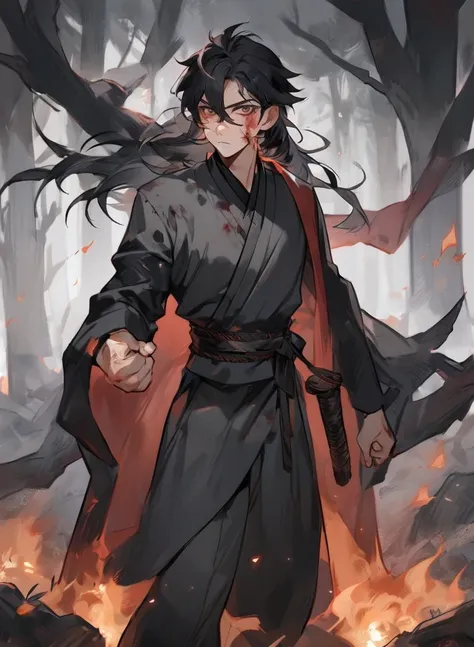 young man ,Male Dark, dark Woods, dark black colors, monk dnd, man black Highlighted long hair , shinobi costume style, have Burn Wound on face