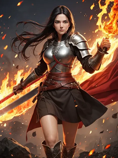 germanic woman, black hair, armor, scarlet, sword, flaming, Banderas, rojas, brave, strong, decided, brave, fighter, leona, War, battle, medieval soldiers, city
