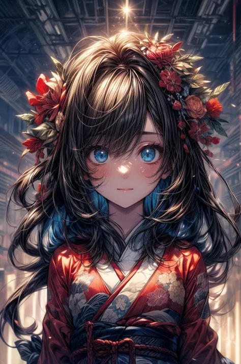 (Tabletop.Highest quality).(Dynamic Angle). (Amazingly detailed CG paintings),(Perfect image)、Comic Strip.shape.One Girl.Detailed face、Perfect Face.Delicate face、Textured skin、Black Hair，Very long straight hair，((Beautiful Blue Eyes)).Delicate and beautifu...