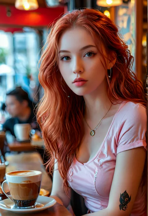 ultra realistic, photography, long red hair, girl, 24 years old, hourglass figure, perfect body, Flirty look, extremely detailed artgerm, in the style artgerm, natural breasts, facing the camera, Nikon z fx, lens 35 mm, blur background, sitting at a table ...