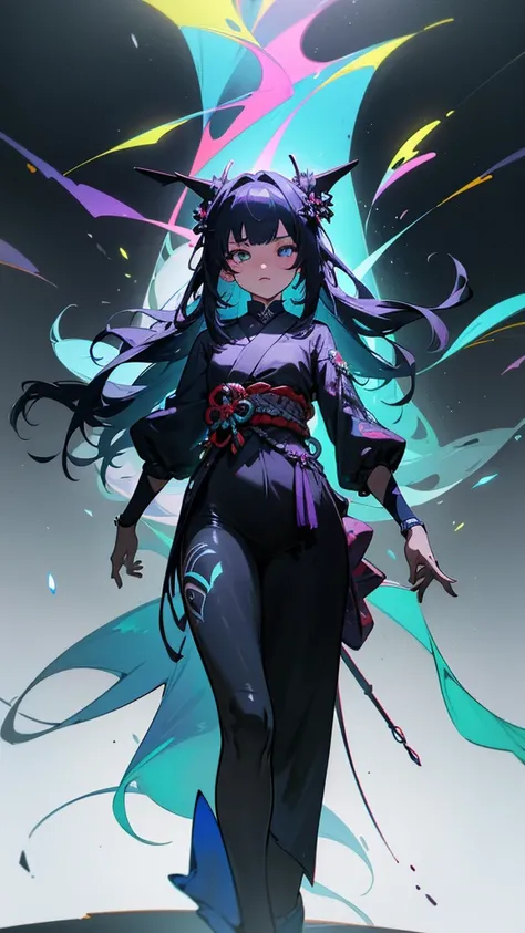 Beautiful harmony of long hair and dark colors, Gothic Cyberpunk, A miraculous fusion with Ukiyo-e, Create a fantastic space landscape with a holographic transparent coating, 
break: Dyeing clothes with fluorescent neon colors, Tiny transparent iridescent ...