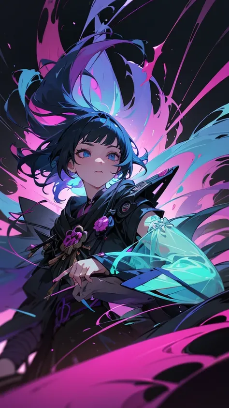 Beautiful harmony of long hair and dark colors, Gothic Cyberpunk, A miraculous fusion with Ukiyo-e, Create a fantastic space landscape with a holographic transparent coating, 
break: Dyeing clothes with fluorescent neon colors, Tiny transparent iridescent ...