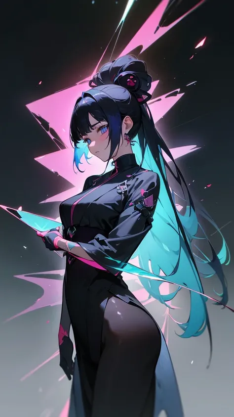 Beautiful harmony of long hair and dark colors, Gothic Cyberpunk, A miraculous fusion with Ukiyo-e, Create a fantastic space landscape with a holographic transparent coating, 
break: Dyeing clothes with fluorescent neon colors, Tiny transparent iridescent ...