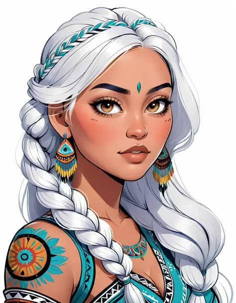 beautiful busty long white braided hair tribal woman portrait illustration