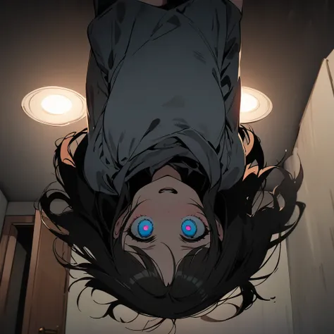 Top quality, masterpiece, high resolution, horror style, cute woman, shoulder-length black hair,大きい胸,glowing blue eyes, corner of the room, stuck to the ceiling, upside down pose, dimly lit room
