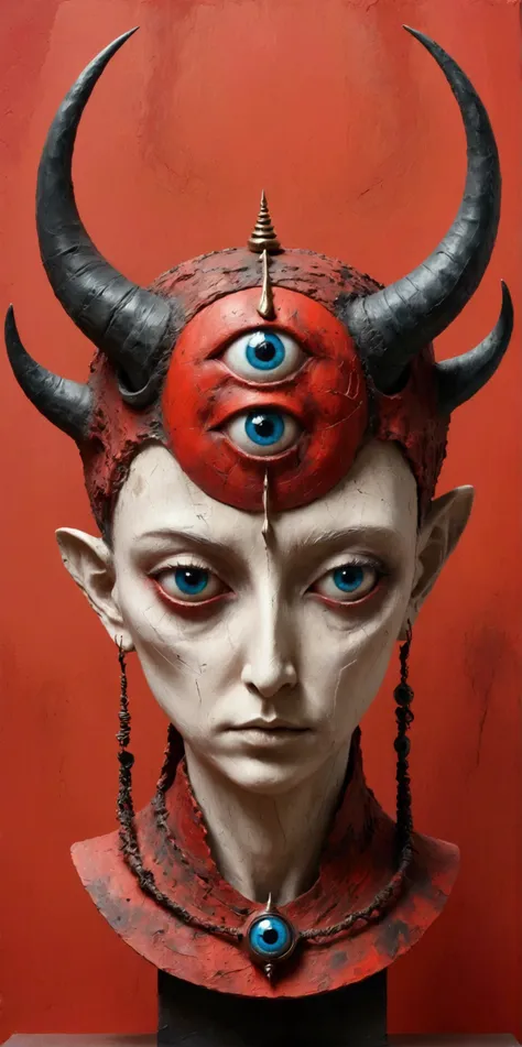 abstract sculpture，weird,horns on the head - long，the third eye on the forehead，abstract art,surrealism，red background