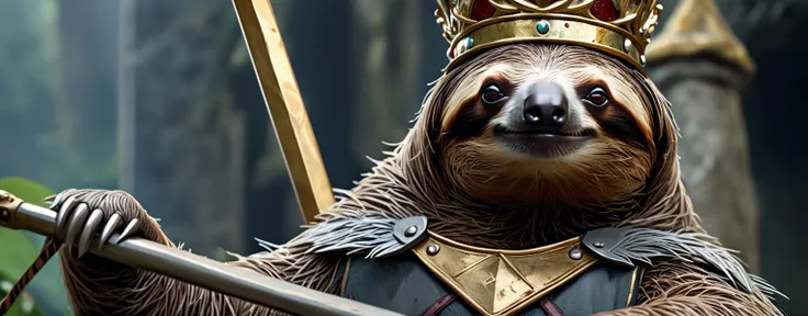 Closeup of a sloth as King Arthur, wearing a crown, pulling Excalibur out of the stone. Eerie, unsettling, dark, spooky, suspenseful, grim, highly detailed 