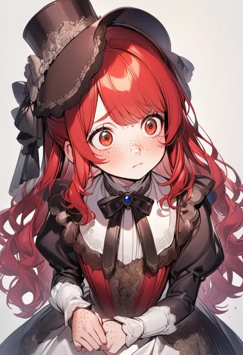 young girl(red hair, freckles, big eyes, shy, victorian dress, hat)