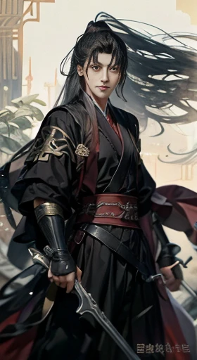 a warrior，length hair，hanfu，robe，gun，handsome face shape，fierce and evil，the eyes are murderous，extremely lifelike：1.2