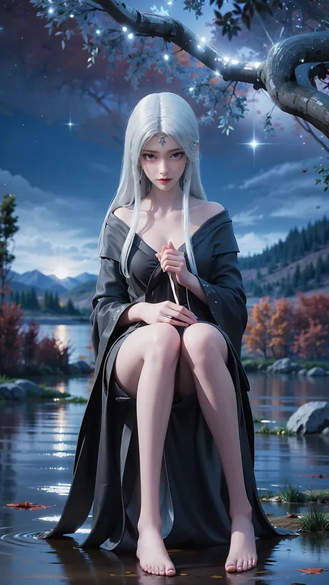 cartoon woman kneeling on the starry sky, water splashes at the knees，cg social trends, smooth anime cg art, starry sky backgrou...