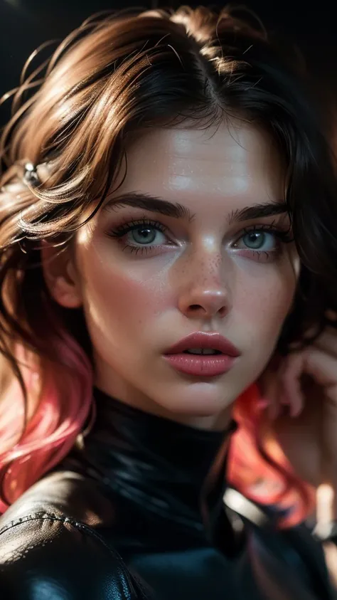 (((ultra realist))) photoshot, ​masterpiece, top quality, (pale skin), (ultra-detailed face and eyes:1.3), 1 girl, adult, In Lifchik, ((Eye make up, pink mascara)), ((size, Detailed Lips)), ((pink wavy hair)), ((stylish hairstyle)) , (Natural breasts), Sle...