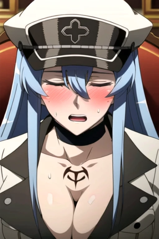 Esdeath, aroused facial expression, open mouth, blush, sweat, closed eyes, breasts, large breasts, hat, cleavage, choker, hair between eyes, uniform, military, military uniform, tattoo, peaked cap, chest_tattoo, expensive sofa, close-up