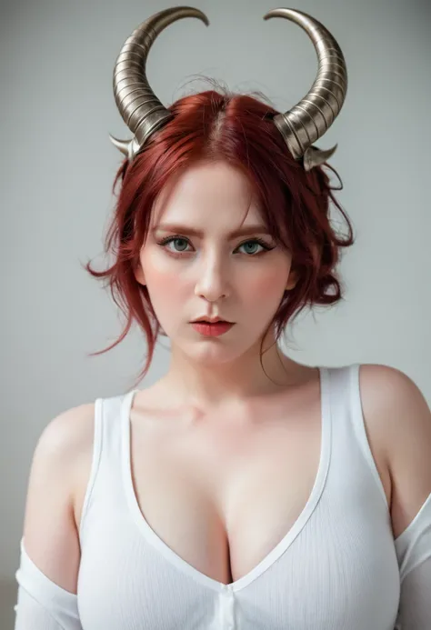 Very detailed, Seductive woman with horns, Tight shirt, (plump, The breasts are too big，Shirts always get torn, Red hair), Face-centered, Face Focus, Complex eyes,