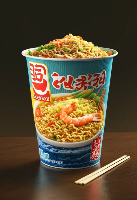 photorealistic,(Masterpiece, BestQuality),flat color,cup noodle seafood,nissin,very delicious looking food,octane,3d rendering,