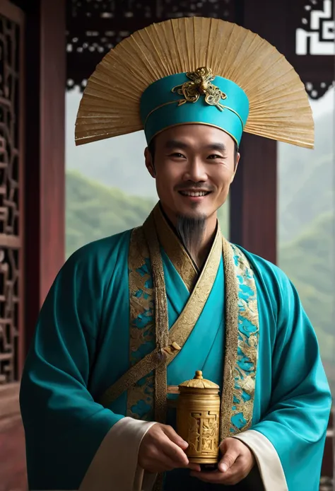 An Asian man with a bright, friendly smile, dressed in the style of Zhuge Liang (Zhuge Kongming). He wears a distinctive hat in turquoise and gold, with an upward curved shape and ornate gold decorations on the front. The man is clothed in flowing turquois...