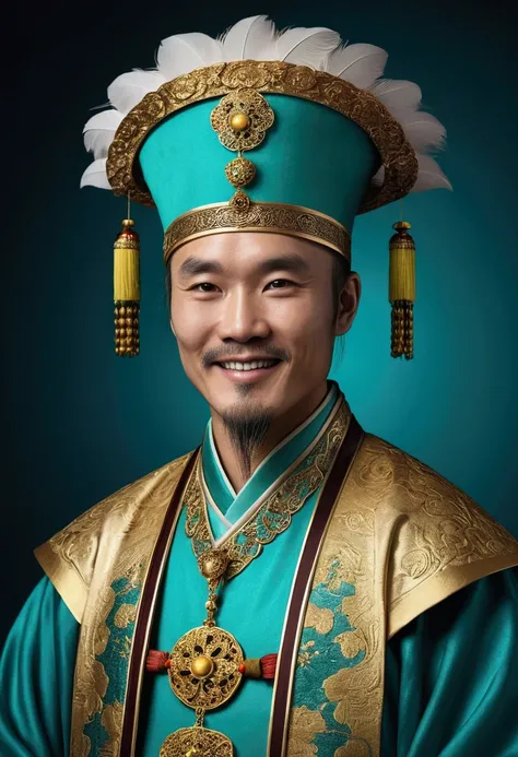 An Asian man with a bright, friendly smile, dressed in the style of Zhuge Liang (Zhuge Kongming). He wears a distinctive hat in turquoise and gold, with an upward curved shape and ornate gold decorations on the front. The man is clothed in flowing turquois...